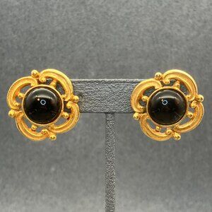 Vintage Dauplaise Pierced Earrings 1 In Curvy Gold Black Cabochon Retro Chic